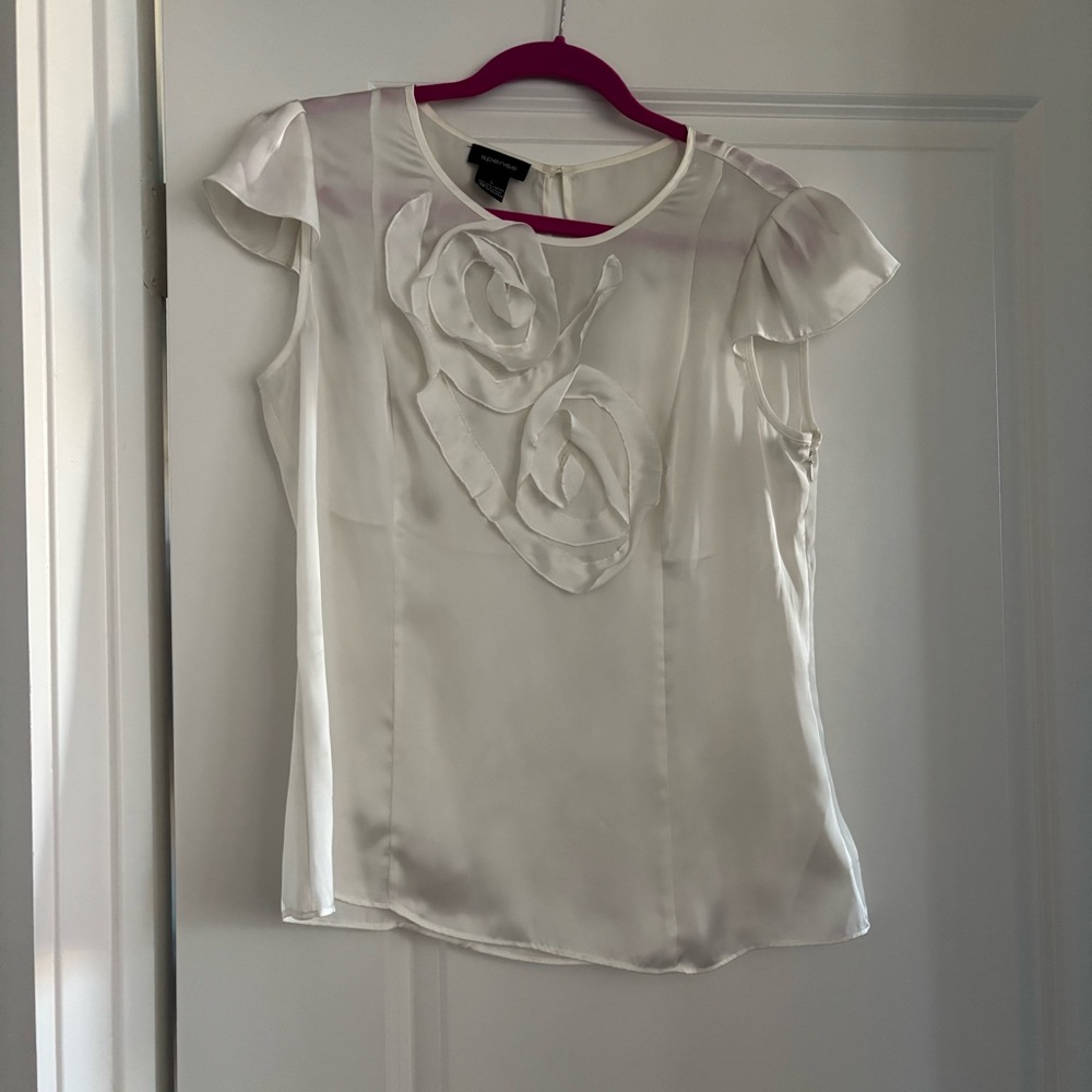 Spense Cream Blouse with Flutter Cap Sleeves and Ruffled Floral Design